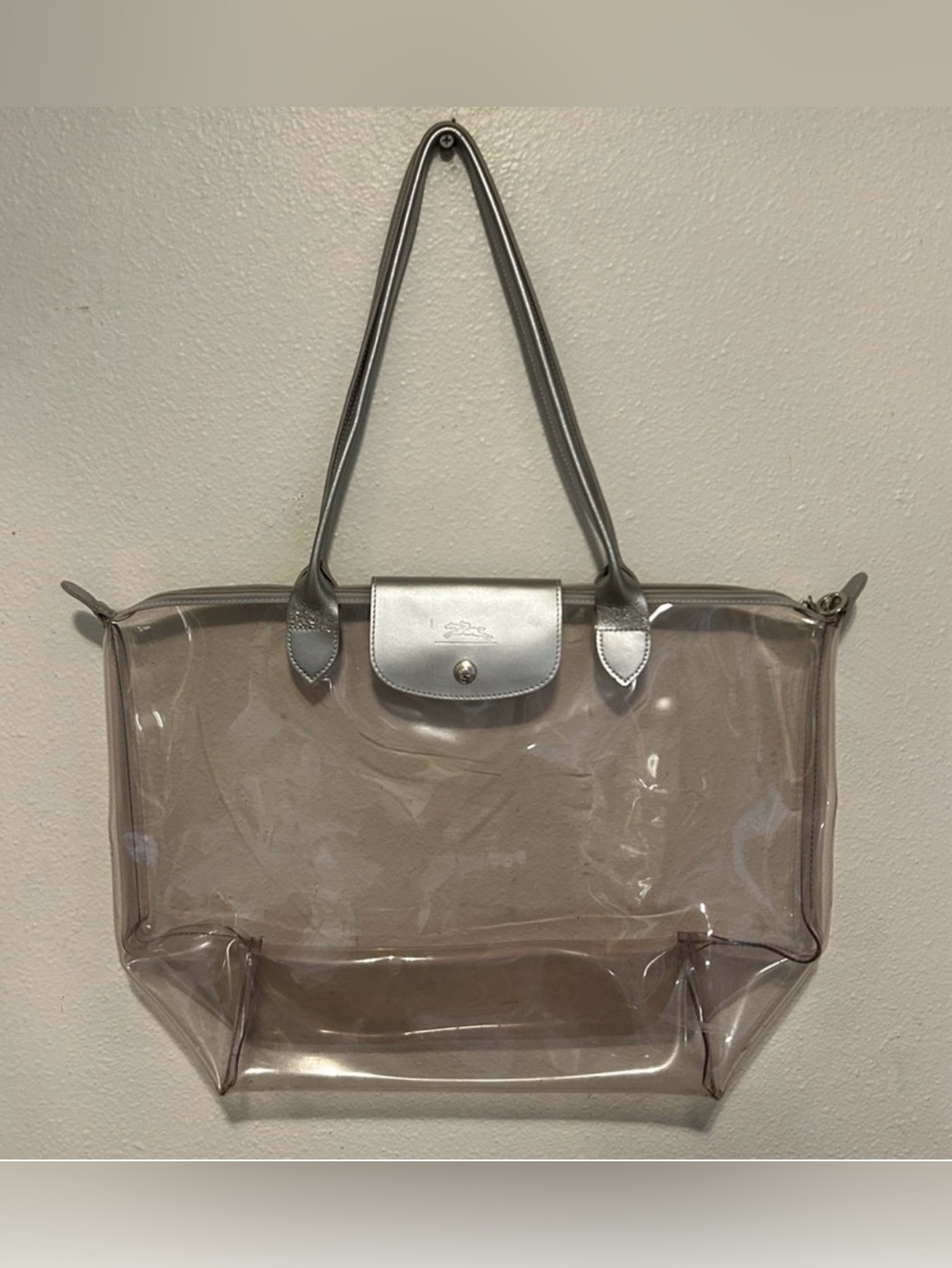 LONGCHAMP RARE Le Pliage Transparent Vinyl XL Tote Bag Silver Leather Ltd Ed.